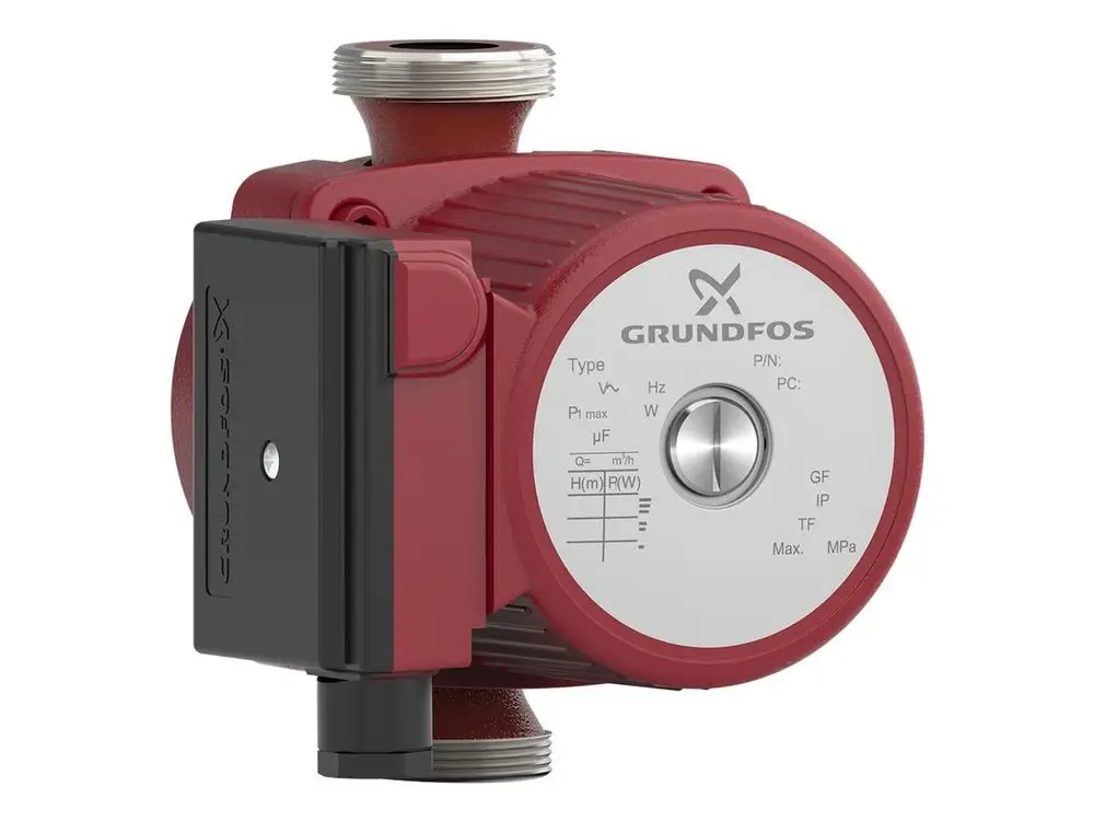 Umwälzpumpe von Grundfos in roter und schwarzer Ausführung mit zwei Anschlussgewinden. Bedienelement an der Seite zur Einstellung der Pumpenparameter sichtbar.